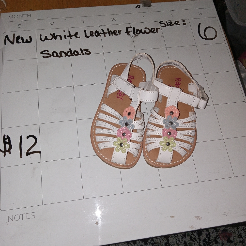 White leather sandals size 6 with flowers